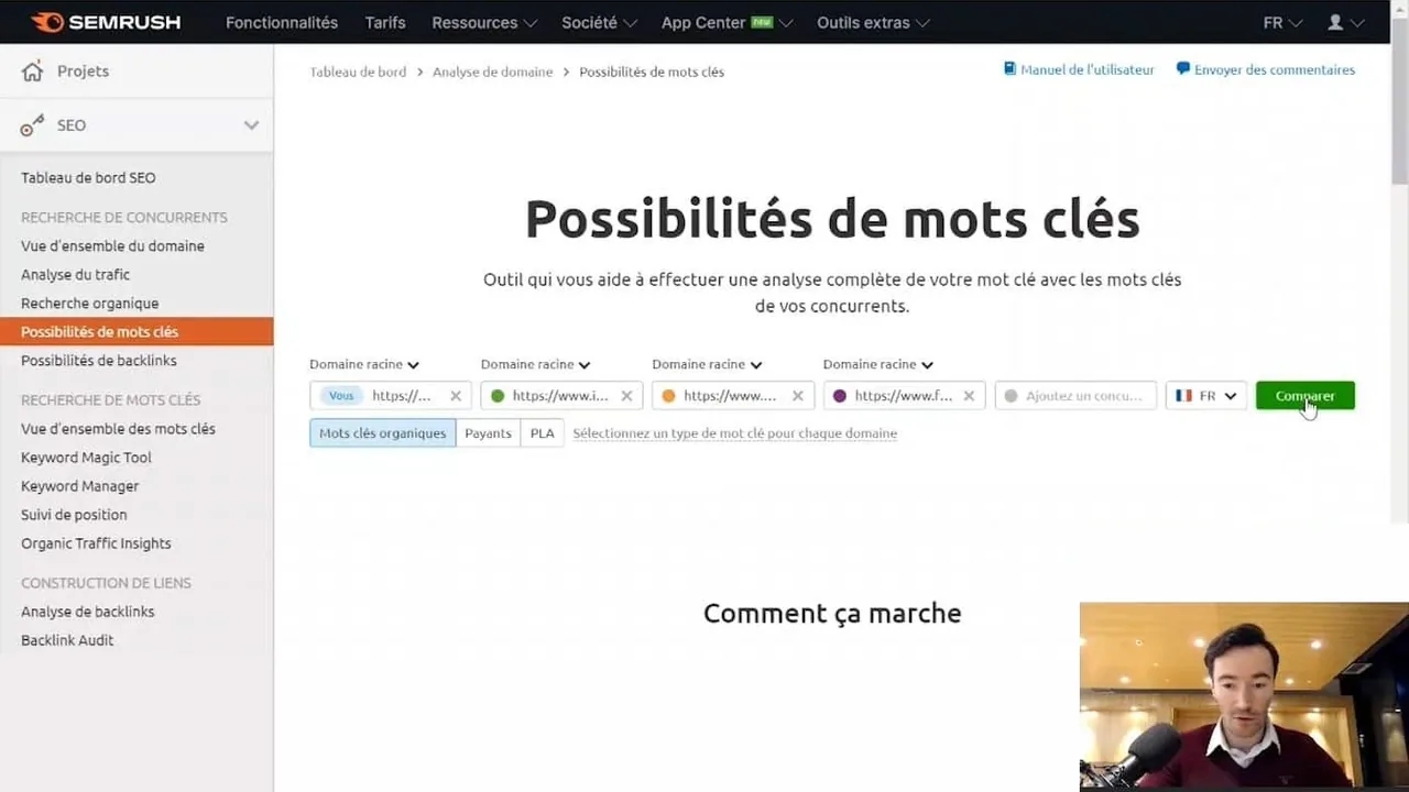Leçon vidéo : recherche des mots-clés des concurrents dans SEMrush, présentée par Alexis Lhuillier