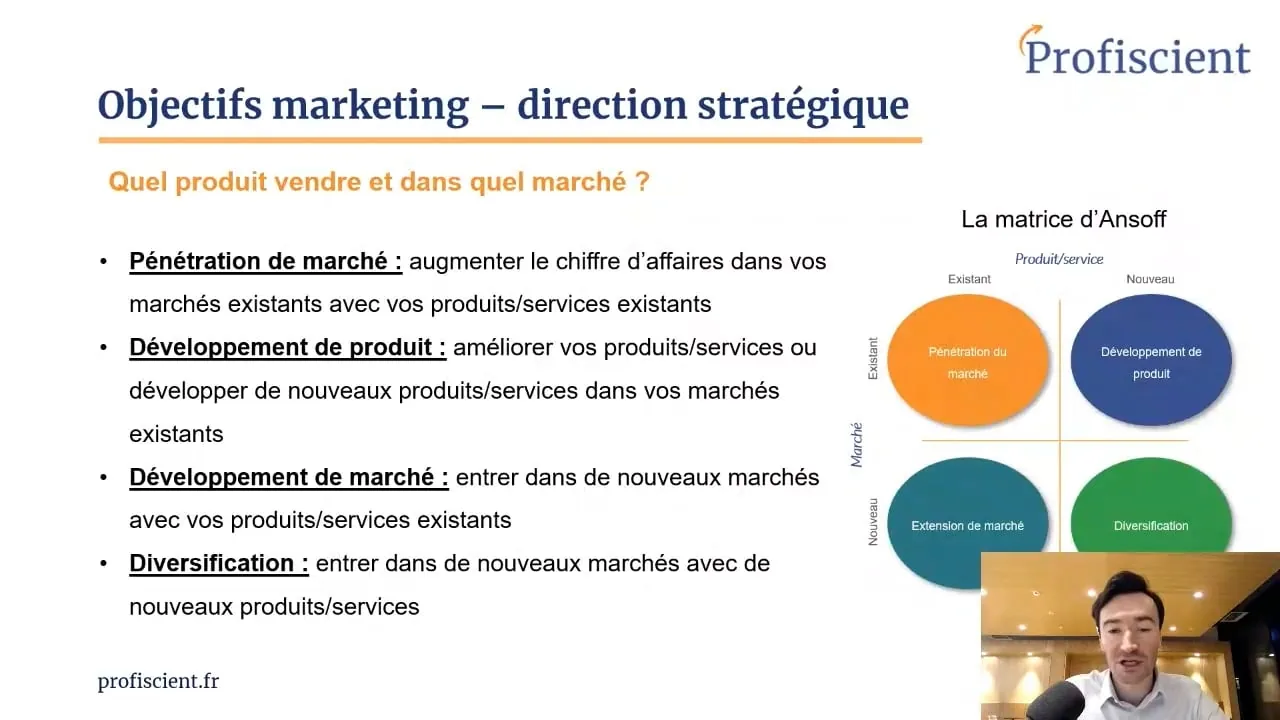 Leçon vidéo : objectifs marketing et matrice d'Ansoff, présentée par Alexis Lhuillier