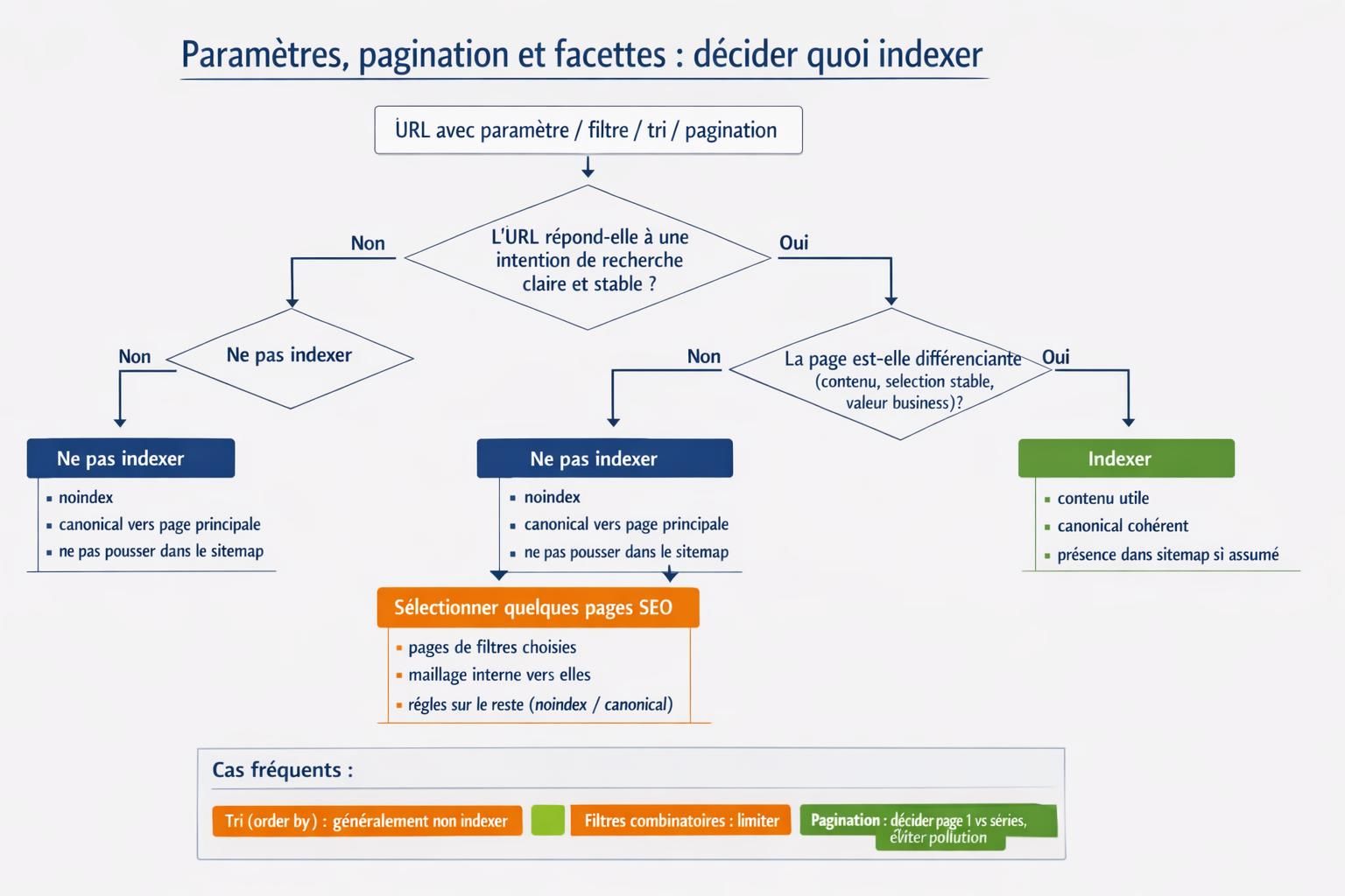 Arbre de décision pour choisir quelles URLs de filtres, tri et facettes WooCommerce indexer ou exclure.