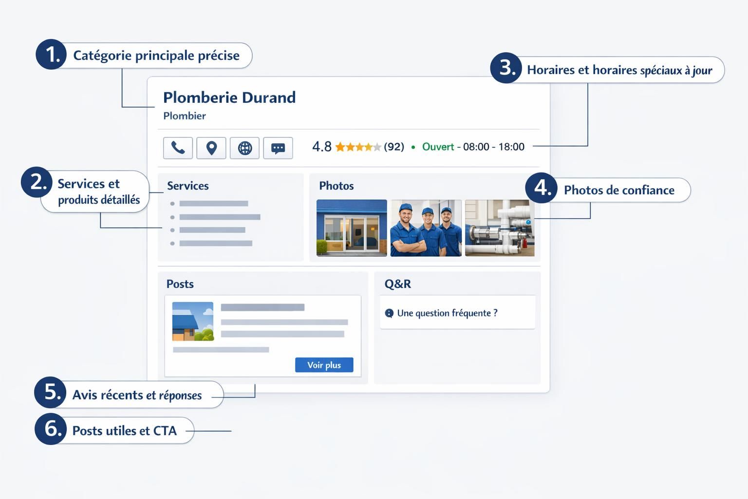 Fiche Google Business Profile optimisée pour une entreprise locale, avec avis, photos, services, horaires et posts.