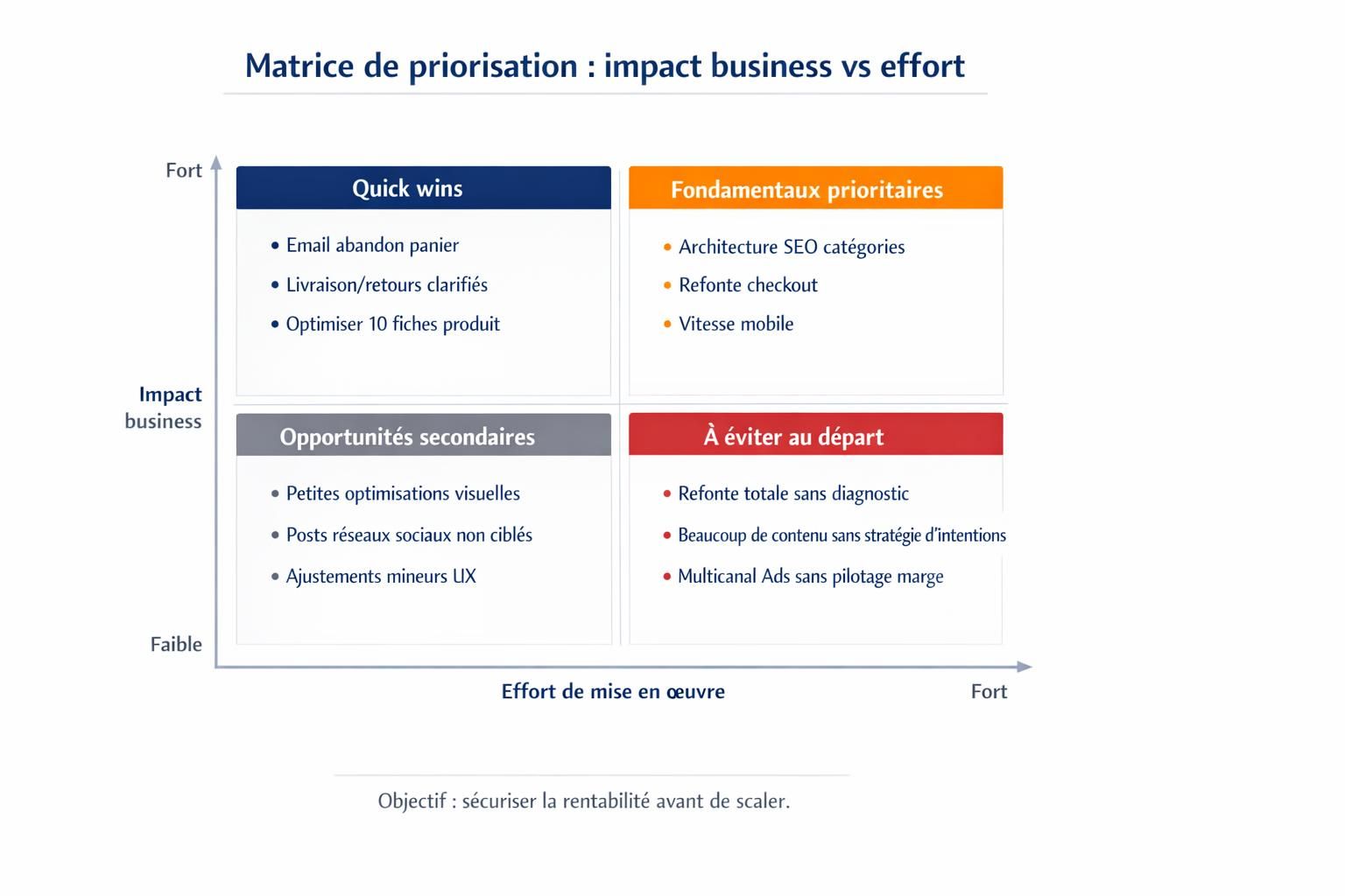 Matrice impact effort pour prioriser les actions d’une boutique en ligne, avec quick wins, fondamentaux, opportunités et actions à éviter.