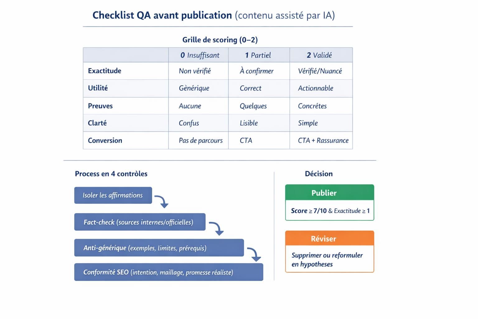 Grille de contrôle qualité avec scoring 0 à 2 et étapes de vérification avant publication d’un contenu SEO assisté par IA.