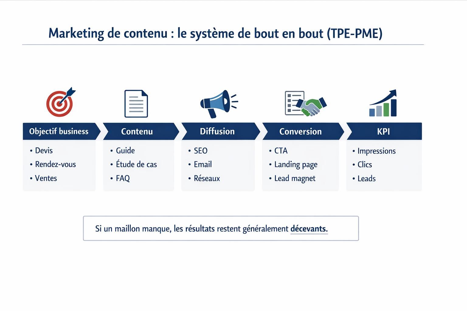 Schéma marketing de contenu reliant objectifs business, formats, diffusion, conversion et KPI pour une TPE-PME.