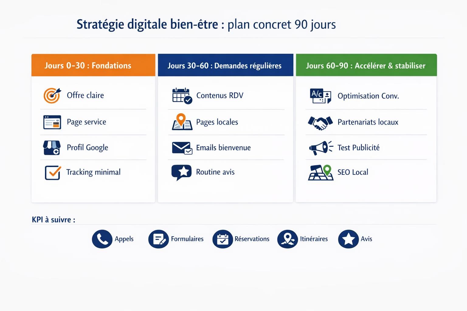 Frise en 3 étapes présentant le plan 0 à 90 jours d’une stratégie digitale pour un professionnel du bien-être, avec actions clés et KPI.