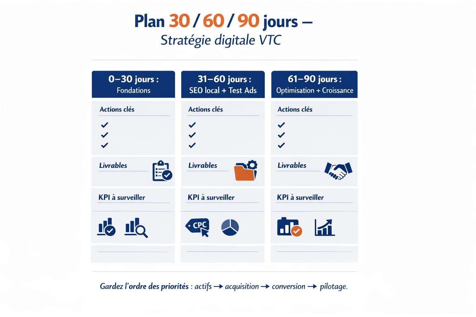 Roadmap 30/60/90 jours pour une stratégie digitale VTC avec actions clés, livrables et KPI à suivre.