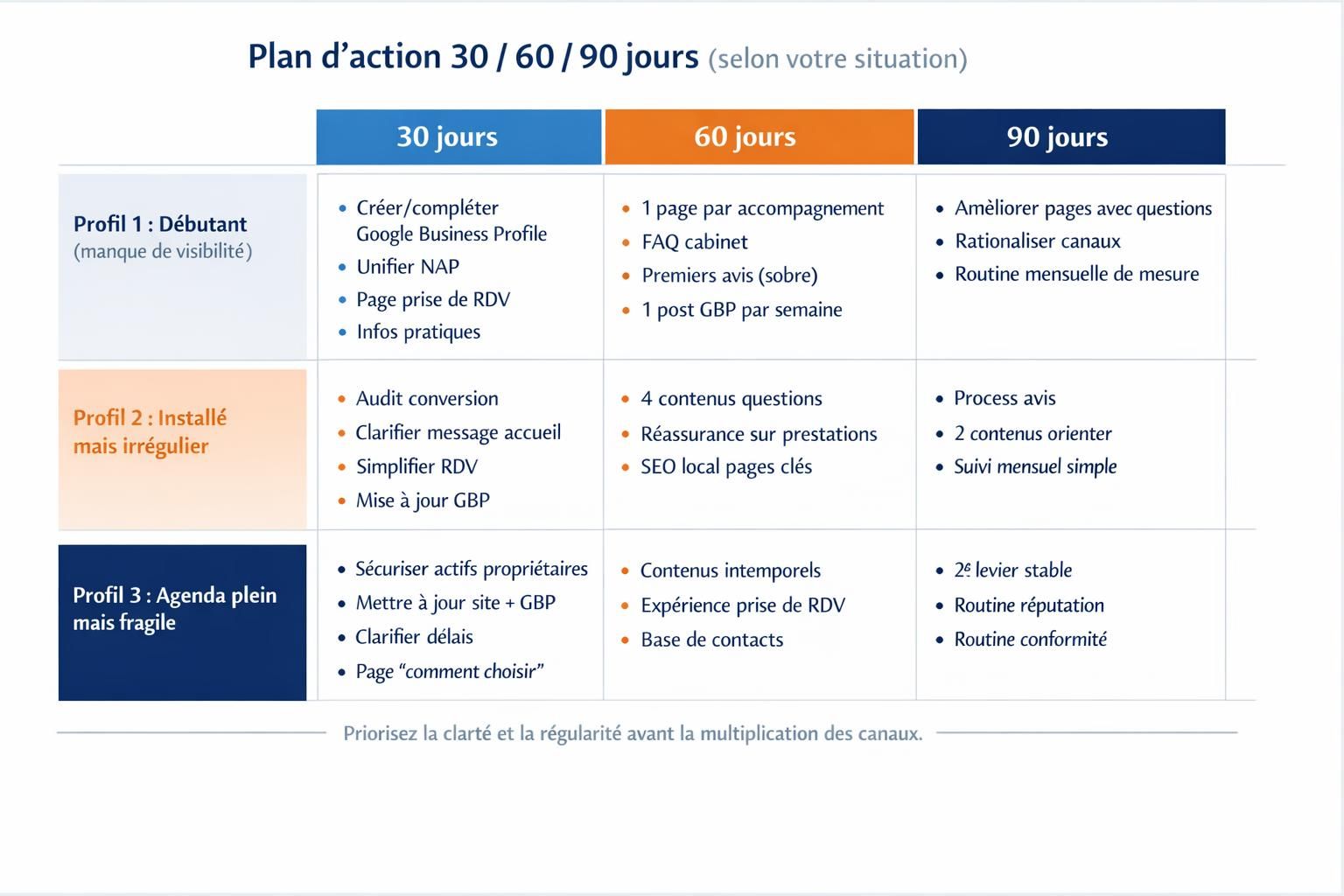 Tableau de plan d’action 30, 60 et 90 jours pour un thérapeute indépendant, décliné en trois profils de maturité.