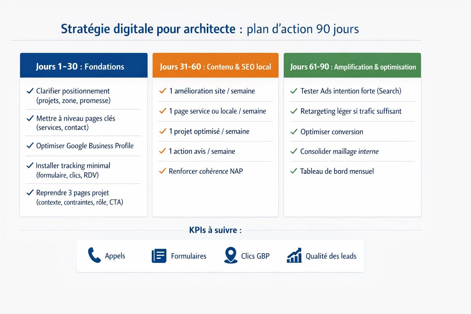 Roadmap 30/60/90 jours d’une stratégie digitale pour architecte : fondations, SEO local, portfolio, conversion et mesure