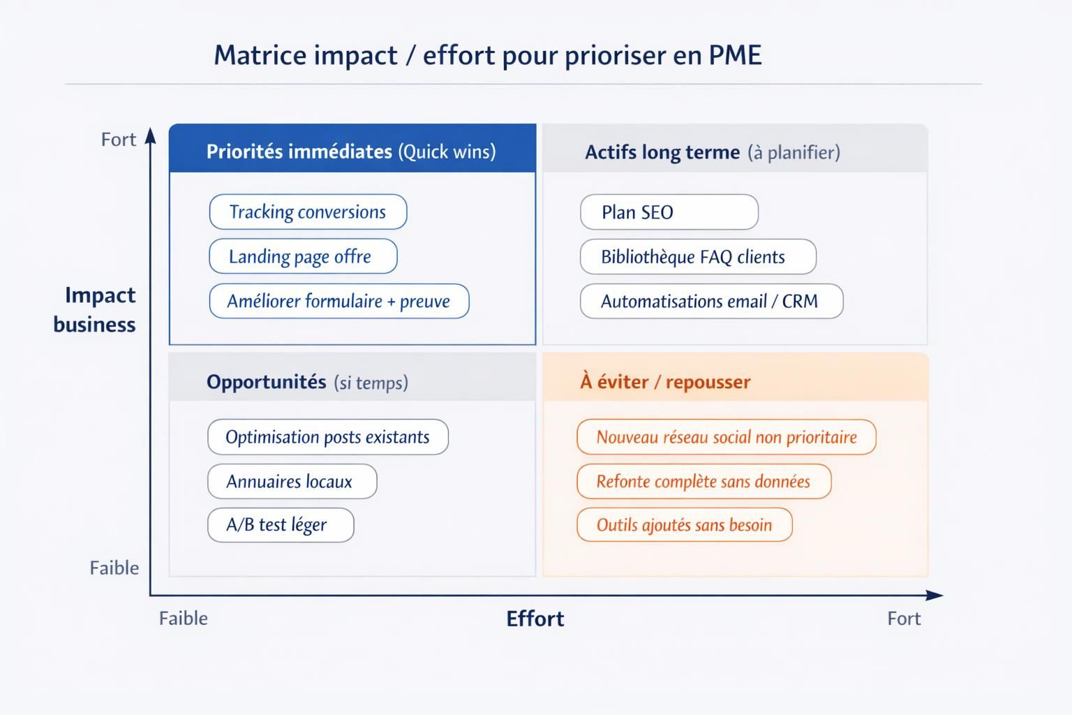 Matrice impact/effort en 4 quadrants pour prioriser les actions marketing digital d’une PME, avec exemples de quick wins et d’actifs long terme.