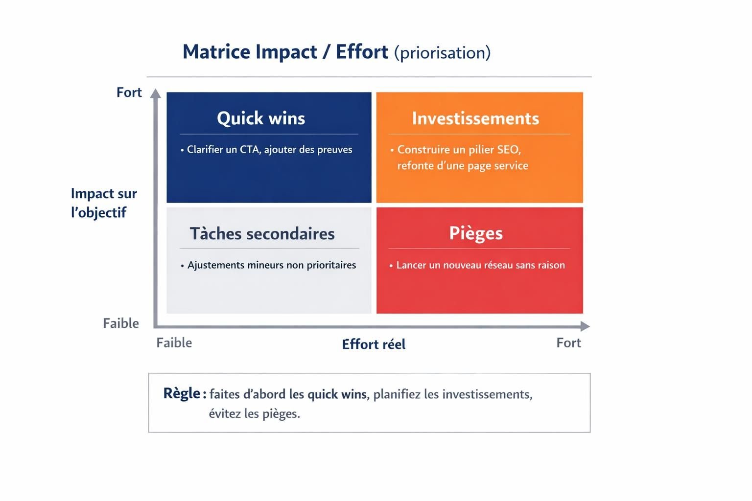 Matrice impact effort en 4 quadrants pour prioriser les actions de communication digitale quand le temps manque.
