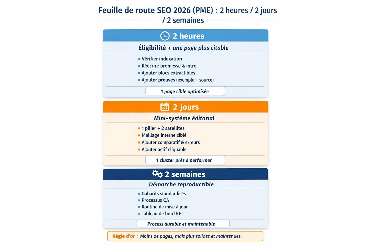 Roadmap priorisée SEO 2026 pour PME avec actions à faire en 2 heures, 2 jours et 2 semaines.