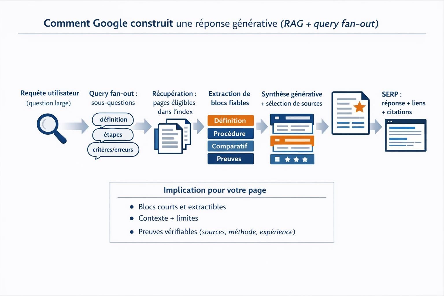 Schéma des étapes RAG et query fan-out : requête, sous-questions, récupération de pages, extraction de blocs, synthèse et citations dans la SERP.