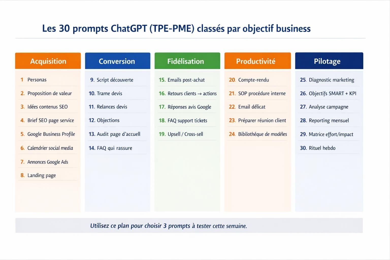 Carte de synthèse des 30 prompts ChatGPT regroupés par objectifs business : acquisition, conversion, fidélisation, productivité et pilotage.