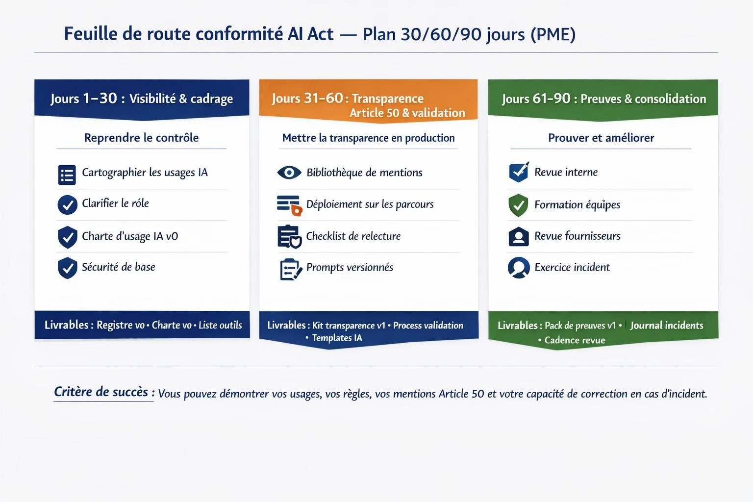 Roadmap 30/60/90 jours pour préparer la conformité AI Act : cadrage et registre, transparence Article 50 et validation, puis preuves et consolidation.