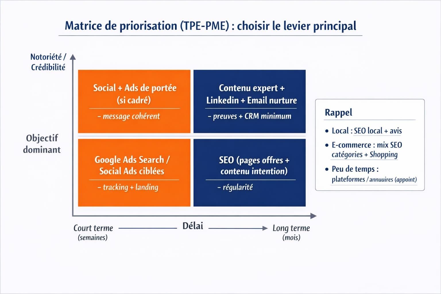Matrice 2x2 reliant délai (court vs long terme) et objectif (demandes/ventes vs notoriété) pour choisir le levier marketing principal en TPE-PME.