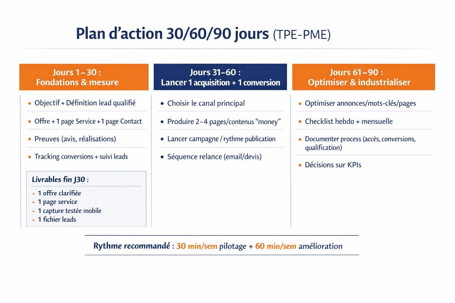 Timeline en 3 phases (jours 1-30, 31-60, 61-90) avec objectifs et livrables pour exécuter une stratégie marketing digital en TPE-PME.