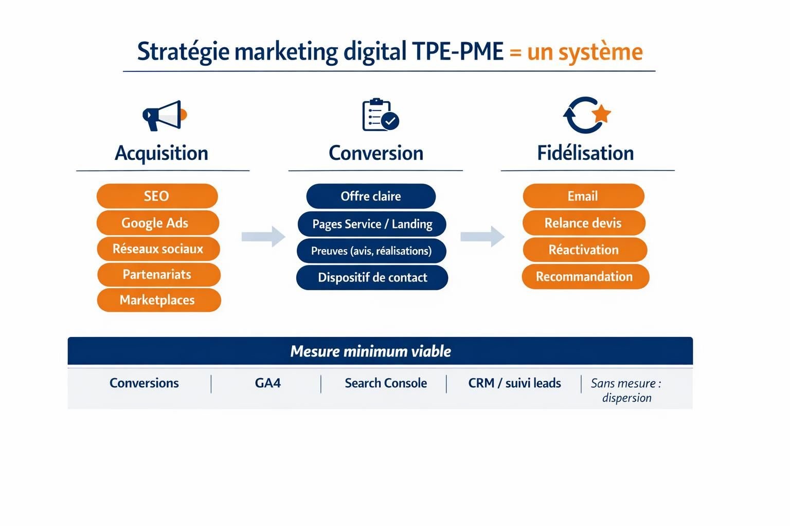 Schéma en 3 étapes Acquisition, Conversion et Fidélisation, avec un bandeau transversal de mesure (GA4, Search Console, conversions, CRM).