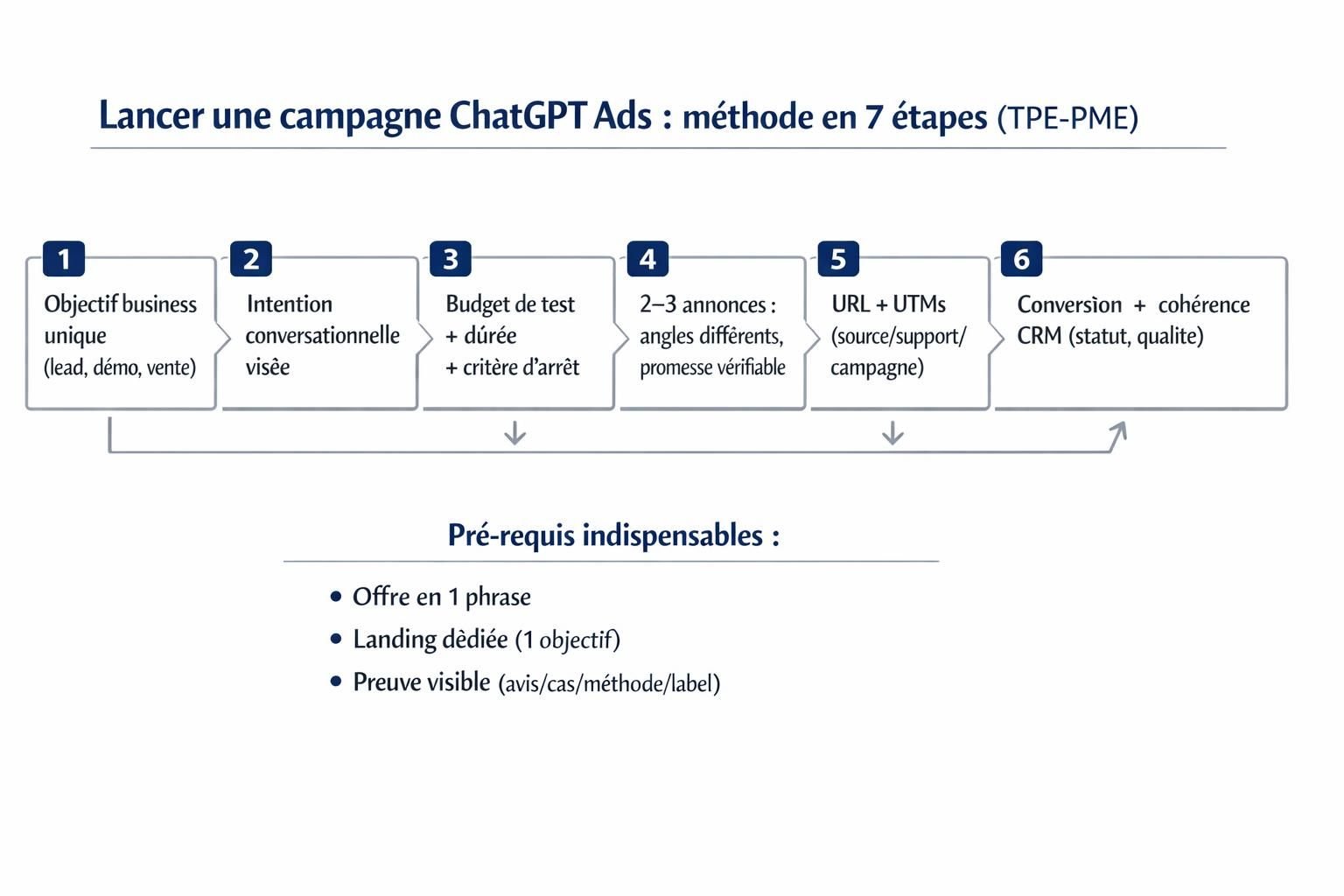 Schéma en 7 étapes pour lancer une campagne ChatGPT Ads, de l’objectif business au tracking, conversion CRM et revue conformité.