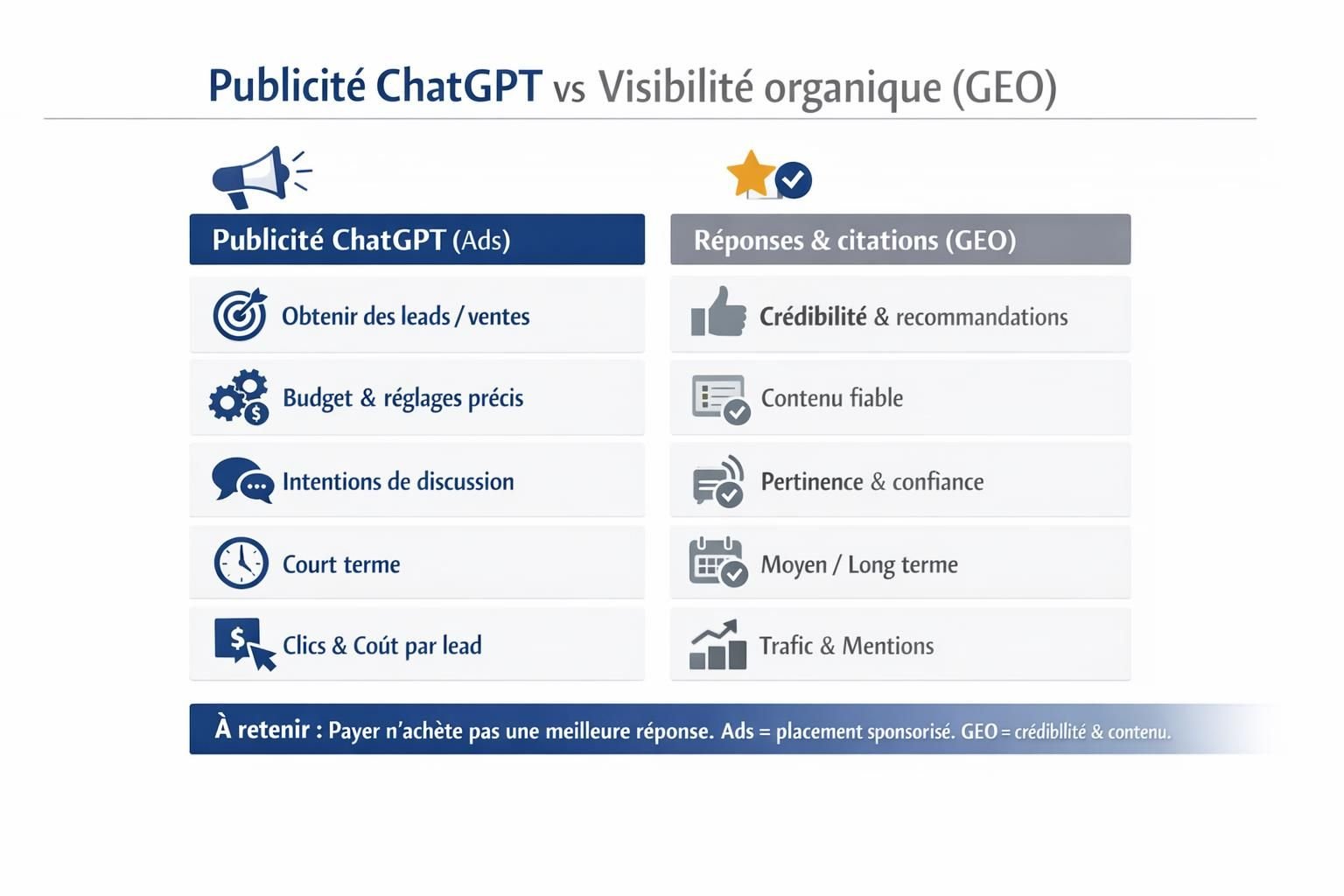 Comparatif en deux colonnes entre Publicité ChatGPT (Ads) et visibilité organique (GEO) avec objectifs, leviers contrôlables, horizon et mesure.